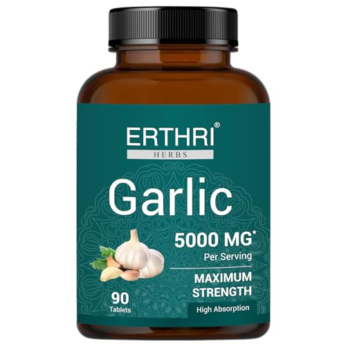 ERTHRI Odorless Garlic Fresh Tablets 5000mg (90 Count), Herbal Supplement with Pure Extracts, No Preservatives & Gluten-Free, Made with Natural Ayurvedic Formula-Pack of 1 (90 Count)