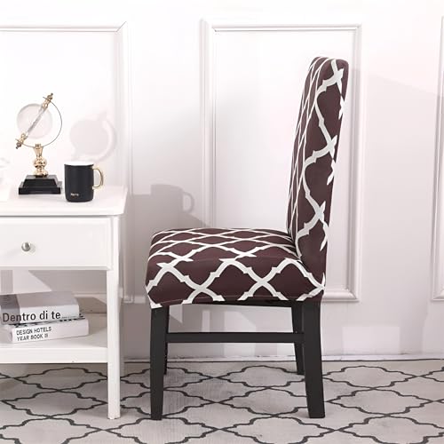 Image of Chair Cover Set of 4 for Dining Table, Stretchable Removable Washable Anti-Slip Universal Fit Printed Polyester Spandex Slipcovers (Brown Diamond)