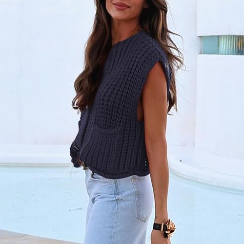 Image of Hixiaohe Womens Crochet Chunky Knit Top Sleeveless Button Down Crop Tops Trendy Cardigan Sweater Vest for Women with Pockets