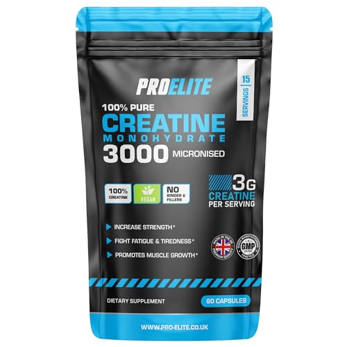 Creatine Capsules x 60 Vegan 3000mg of Unflavoured Creatine Monohydrate per Serving, NO FILLERS & Binders Micronised Pure Creatine Tablets Alternative by PROELITE