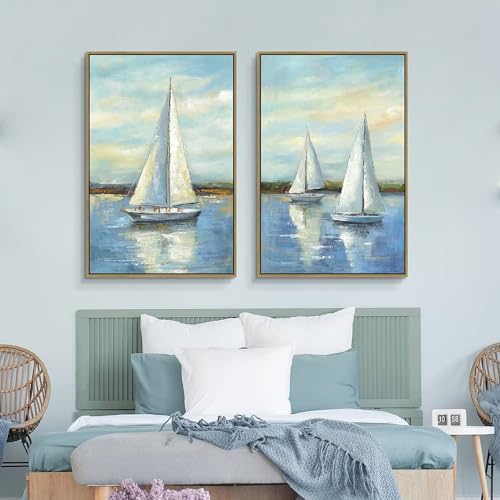 Sailboat Canvas Framed Wall Art: 2 Piece Nautical Painting Heavy Textured Scenery Artwork Coastal living room Picture for Bedroom Bathroom - Image 2
