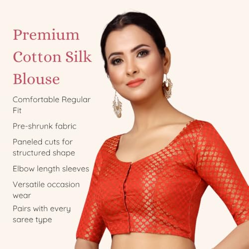 Image of Studio Shringaar Women's Zari Brocade Stitched Elbow Length Sleeves Saree Blouse