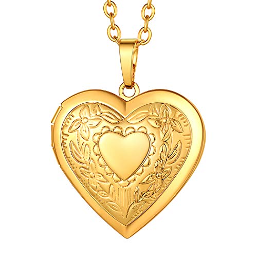 Suplight 18K Gold Plated Heart Locket Necklace with Picture Inside, Expanding Photo Locket Necklace, Vintage Flower Heart Shaped Locket Pendant Necklace for Women Girls