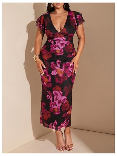 Women's Plus Size Floral Maxi Dress V Neck Ruffle Short Sleeve Bodycon Vacation Mesh Dresses3