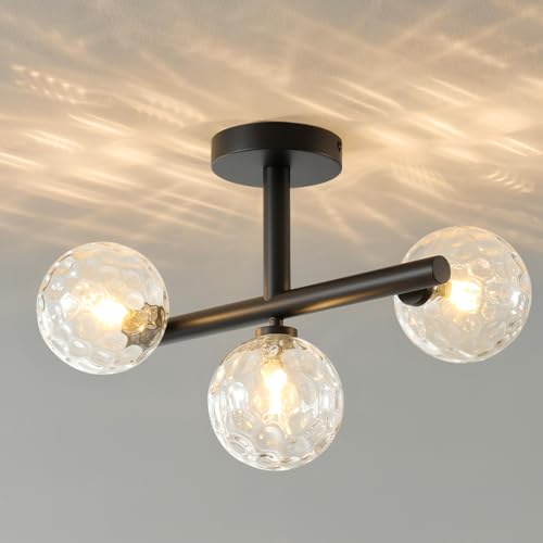 Modern Globe Glass Ceiling Light: 13 Inch Sputnik Semi Flush Mount Light with Hammered Clear Glass Shade - 3 Lights Black Ceiling Lighting Fixture - Dimmable Linear Chandelier for Bedroom Li