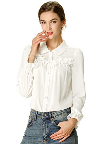 Allegra K Women's Ruffled Peter Pan Collar Shirt Work Office Long Sleeve Ruffle Button Down Shirts Top M White
