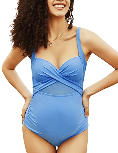 Women's Spaghetti Strap Swimwear Maternity Elastic Waist Mesh Panel Bathing Suit Blue L #TOP11