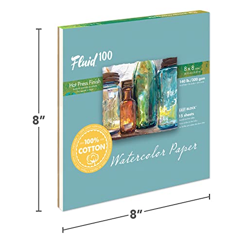 Fluid 100 Artist Watercolor Block, 140 Lb (300 Gsm) 100% Cotton Hot Press Pad For Watercolor Painting And Wet Media W/ Easy Block Binding, 8 X 8 Inches, 15 Sheets #TOP1