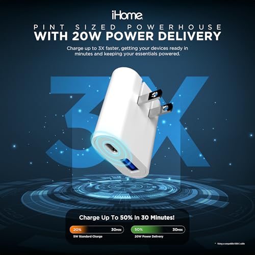 iHome AC Pro 2-Port USB Charger Bundle, 20W PD, USB-A & USB-C, Includes 6Ft Lightning to USB-C Cable by iHome - Used condition - Image 2