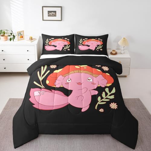 Image of Feelyou Axolotl Mushroom Fungus Comforter Set Queen Size Kids Boys Girls | Teens Flowers Cute Cartoon Kawaii Duvet Set Room Decor 3Pcs Warm Cozy Breathable Lightweight All Season