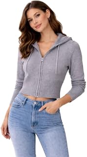 NOBARR Women's Grey Zip-Up Hooded Crop Sweatshirt | Stretchable Ribbed Hoodie | Casual Slim Fit Price In India