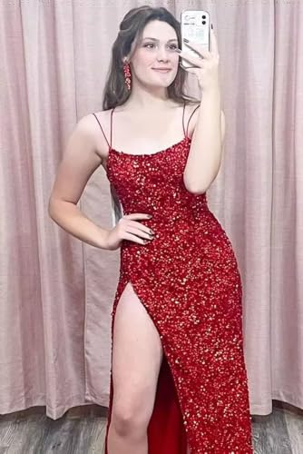 Sequin Mermaid Prom Dresses Long for Women 2025 Spaghetti Straps Sparkly Formal Evening Party Ball Gowns with Slit3