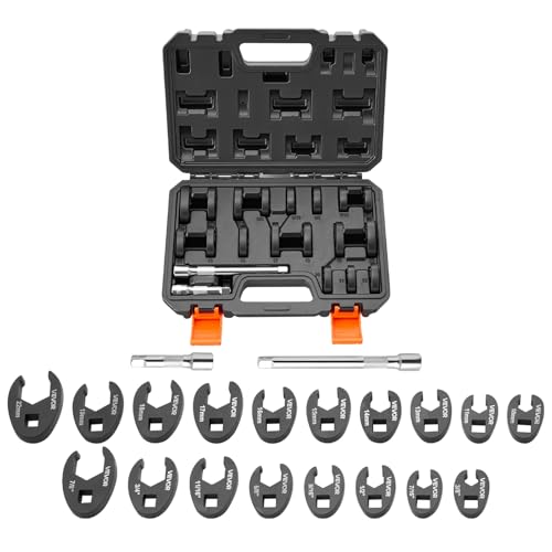 Image of VEVOR Crowfoot Wrench Set, 3 /8 inch Drive, 20-Piece Metric and SAE Size Flare Nut Crows Foot Wrenches, with Storage Case, Dual Size Markings on Tools and Case, for Auto Maintenance