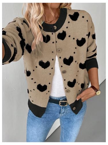 Image of GORGLITTER Women's Heart Long Sleeve Button Down Cardigan Sweater Fall Trendy Dressy Color Block Knit Short Cardigans