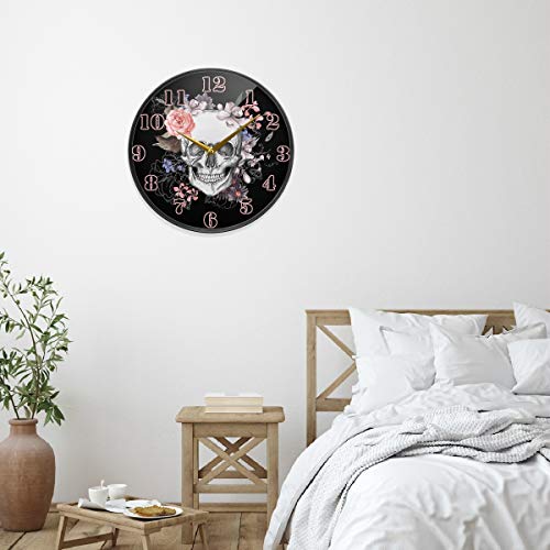 Flower Skull Wall Clock Skeleton Floral 12Inch Non Ticking Silent Desk Clocks Design For Bedroom Bathroom Lobby Wall Decoration #TOP5