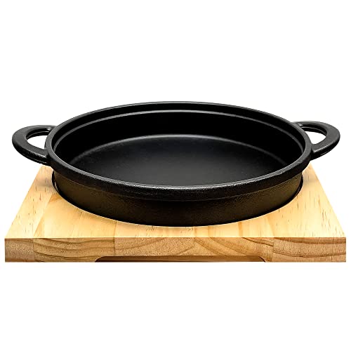 Crystals Cast Iron Frying Pot Pan Grill Backing Dinning Skillet with Wood Serving Board, Black