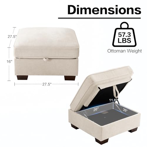 Image of TEKAMON 27.5 inch Storage Ottoman, Square Footrest with Sponge Padded Seat, Chenille Fabric Step Stool for Sofa, Bedroom, Living Room, Entryway, Modern Change Shoes Stool, Wood Legs, (Beige)