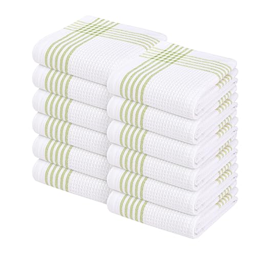 Image of Waffle White & Lemon Green 12 Pack Kitchen Towels, 100% Cotton, 16x26 inches, Everyday Use Dish Cloths Set, Durable and Absorbent Hand Towel, Ideal for Drying Dishes, DIY Embroidery