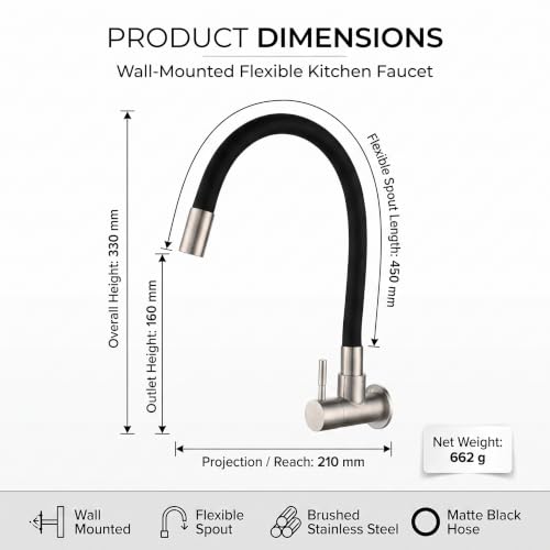 Image of InArt Wall Mounted Kitchen Sink Faucet, 304 Stainless Steel Flexible Kitchen Tap with 450 mm Matte Black Swing Spout, Single Lever Aerated Flow, Brushed Finish, 5 Year Leakage Warranty
