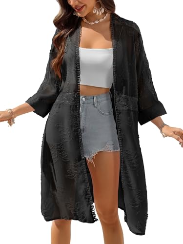 BB&KK Kimonos for Women Long Beach Cover Ups Summer Swimwear Sheer Boho Embroidery Open Front Floral Midi