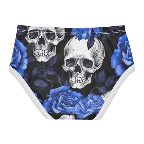 Toddler Girl Panties, Vintage Skulls Blue Rose Girls Cotton Underwear, 2T–8 Years2