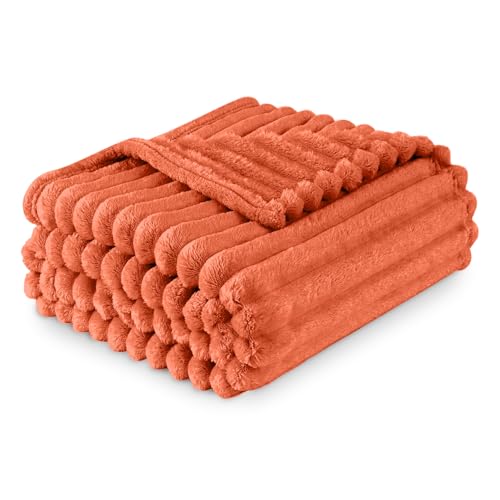 GC GAVENO CAVAILIA Sherpa Fleece Blanket Throw, Thermal Warm & Cosy Fluffy Throws For Sofa Large Bed Couch, Thick Blanket Ribbed Fur Throw 150 x 200 Cm, Rust