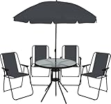 OHS 6 Piece Garden Furniture, Outdoor Table and Chairs with Matching Parasol 4 Folding Dining Chairs Round Tempered Glass Table Poolside Balcony Patio Furniture Set, Grey