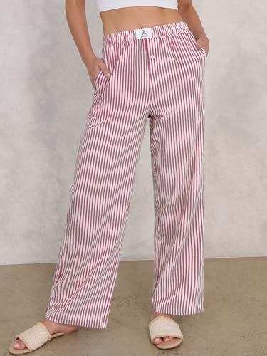 Image of ANRABESS Womens Gingham Striped Boxer Pants | 2026 Fall Outfits,Wide Leg Elastic Waist with Pockets,Casual Lounge Pajama Bottoms,Lightweight Breathable,Fashion Clothing