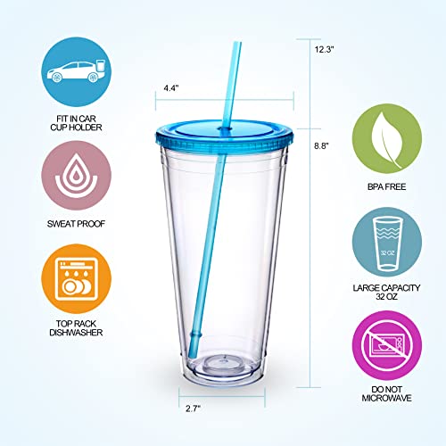 Zukro 32 Oz Clear Acrylic Tumbler With Colored Straw And Lid, Double Wall Plastic Insulated Cup,Reusable Large Iced Coffee Tumbler For Parties, Customization, Clear/Green & Blush, Bpa Free 2 Pack #TOP1