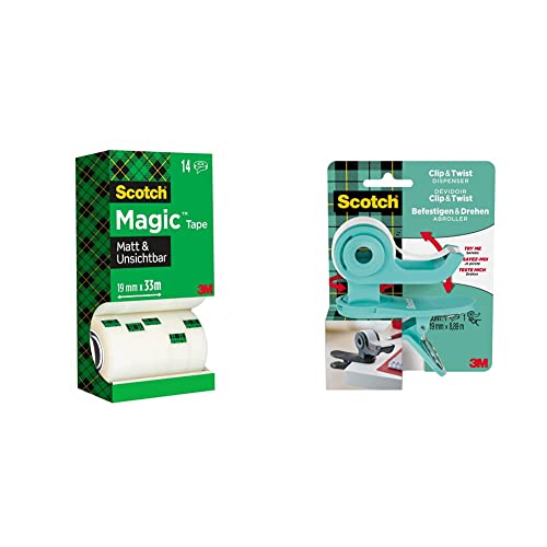 Scotch Magic Klebeband – Vorteilspack 14 Rollen 19mm x 33m & Scotch Clip & Twist Klebeband-Abroller C19, Grau + Scotch Magic Unsichtbares Klebeband, 19mm × 8,89m, 1Rolle/Packung