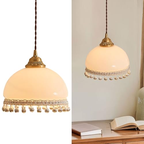 Vintage French Cottage Pendant Light, Opal Glass Dome Shade with