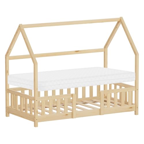 ML-Design Cama Infantil 80x160cm Natural, con Colchón, Protección Anticaída, Techo y Somier, Listones de Madera de Maciza de Pino Lecho Montessori Forma de Casa Mobiliario Juvenil, para Niños