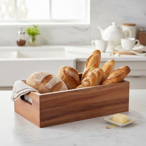 Deconox Akasya Ağacı Ekmeklik & Çok Amaçlı Organizer Kutu – 25x14x8 cm El Yapımı Doğal Ahşap Servis