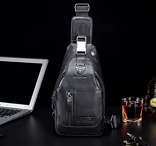 Bullcaptain Genuine Leather Men's Sling Shoulder Backpack Multi-Pocket Crossbody Chest Bags Travel Hiking Daypack With Earphone Hole (Black) #TOP2