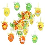 com-four® 36x Huevos de Pascua para Colgar - Coloridos Huevos de Pascua con Flores y Animales - Adornos Colgantes para el Ramo de Pascua (Pollito/Conejo - 02)