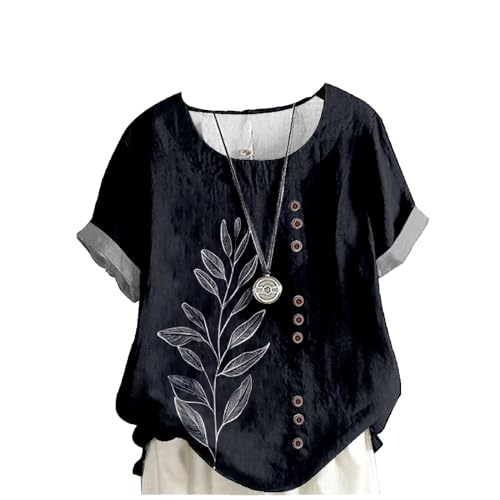 MARSVOVO Women Cotton Tops Floral Tunic Shirt Casual Fashion Comfy Crew Neck Short Sleeve Tee Shirt Business Lightweight Cotton Summer Blouse Black Leaf XL