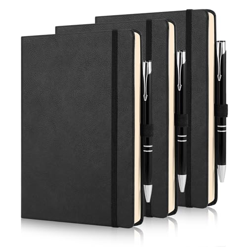 Giyofom Notepad and Pen, A5 Notebook, 3 Pack Journal Notebooks 160 Pages 80 GSM Hardback Notepad with 3 Pens, Lined Pages and Pen Loop, Note Book for Work, Travel, College (Black)