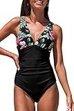 Design: Modischer Badeanzug, Raffung unterhalb der Brust, Elastische, am Rücken überkreuzte Träger, Die Raffungen am Bauch kaschieren die Problemzonen bestens, Figurbetont geschnitten.