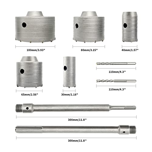 9Pcs Concrete Hole Saw Kit - Tungsten Steel For Sds Plus And Sds Max Hammer Drills - 30 40 68 82 100Mm Hole Saw Set For Concrete Brick Cement Stone Tile Wall With Strong Portable Case #TOP1