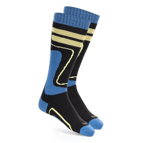 KADVA Calcetines de esquí para niños de lana merino, talla 28-39, color negro-azul |gris-rosa, calcetines de esquí cálidos y transpirables para el invierno, la estructura alta protege de la abrasión