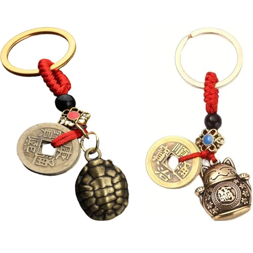 LilaLemon 2 llaveros de moneda de gato de la fortuna, adorno de llavero de gato de la fortuna de la suerte, accesorios de dije de gato de la fortuna de la suerte, llavero Feng Shui, 0, 0