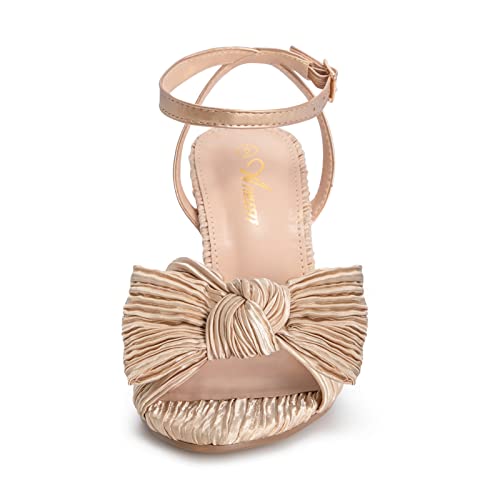 Athlefit Women's Open Toe Chunky Heels Pleated Bow Ankle Strap Heeled Sandals Wedding Bridal Shoes4