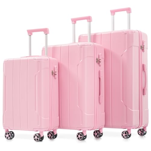3 Piece Luggage Set - Lightweight Durable Hard Shell Suitcases with Double Wheels (20/24/28 Inch, Pink)