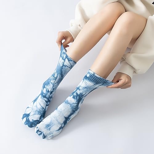 Yoga Pilates Socks with Grips for Women Non Slip Colorful Tie Dye Cushioned Crew Socks for Barre Ballet Dance (Tie Dye Blue) - Thumbnail 4