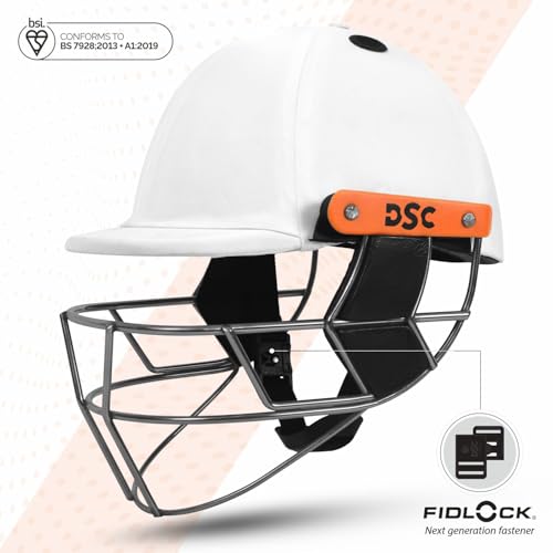 Image of DSC Empra Titanium BSI Approved Professional Cricket Helmet | BS7928 Certified Pro-Standard Hard Ball Helmet with Ultra-Light Titanium Grill & Advanced Shock Absorption | Color: White | Size: S