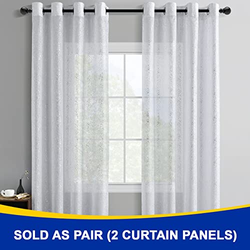 White Silver Sheer Curtains 84 Inch Length - Metallic Silver Sparkle Curtains For Living Room, Glam Sparkle Grommet White Sheer Curtains For Window, 52 X 84 Inch, 2 Panels, White Silver #TOP1