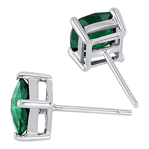 Peora Created Emerald Stud Earrings For Women In 14Kt White Gold, Classic Solitaire, Cushion Cut 6Mm, 1.75 Carats Total, Friction Back #TOP2