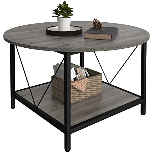 Yitahome Round Coffee Table For Living Room,Rustic Circle Coffee Table With Storage Shelf,2-Tier Industrial Modern Coffee Table Center Table For Living Room Easy To Assemble,Grey #TOP5