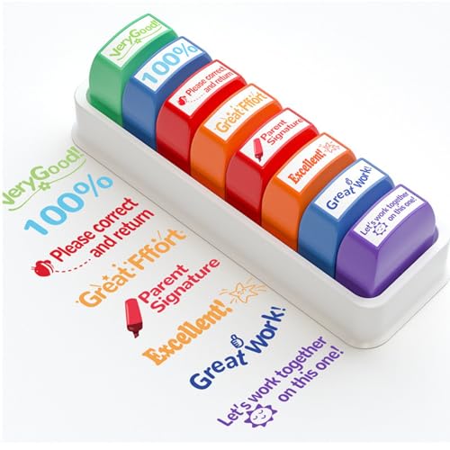 Teacher Stamps, Self-Inking Teacher Stamp Set Mess-Free Motivation Teacher Grading Stamp Set for Parent Signature School Teacher Review Homework Reward with Storage Tray - 8 PCS Stamps