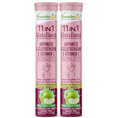 Vitaminnica Gluta Boost 11-in-1 Effervescent Tablets with Japanese L-Glutathione, Collagen, & Hyaluronic Acid | Skin Radiance & Beauty Supplement | 15 Tablets (Pack of 2, Green Apple)